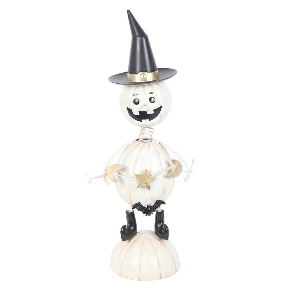 Something Different - White Metal Pumpkin Man Ornament with Witch Hat Garden figure - Multicolours